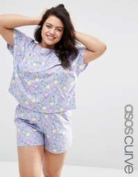 Пижамный комплект с футболкой и шортами с принтом кактусов ASOS CURVE