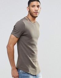 Удлиненная облегающая футболка из вафельной ткани цвета хаки ASOS