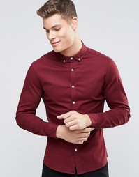 Бордовая саржевая рубашка скинни с длинными рукавами ASOS - Burgundy