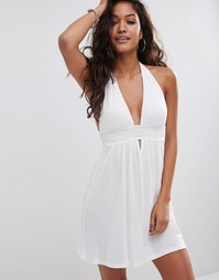 Трикотажное пляжное платье-халтер мини со сборками ASOS - Белый