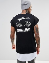 Черная оversize-футболка без рукавов с принтом и контрастным асимметри Asos