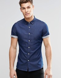 Темная облегающая джинсовая рубашка с короткими рукавами ASOS