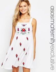 Платье из жатого хлопка с вышивкой ASOS Maternity - Кремовый