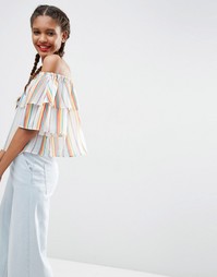 Топ в разноцветную полоску с оборкой и открытыми плечами ASOS - Мульти