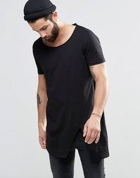 Черная супердлинная футболка с разрезом внизу и необработанными краями Asos