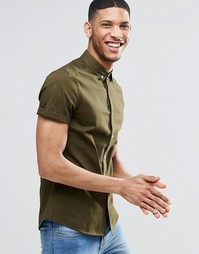 Саржевая рубашка цвета хаки зауженного кроя с короткими рукавами ASOS