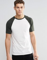 Бело-зеленая футболка с контрастными рукавами реглан ASOS