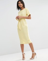 Льняное облегающее платье на поясе ASOS - Лимонный