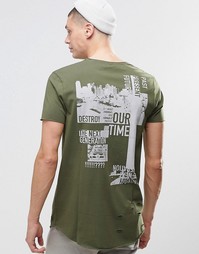 Длинная футболка с принтом на спине ASOS - Военный зеленый