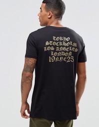 Удлиненная футболка с золотистым принтом на груди и сзади ASOS