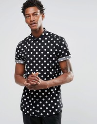 Черная рубашка классического кроя в горошек с короткими рукавами ASOS