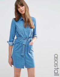 Выбеленное голубое платье-рубашка из денима с ремнем ASOS TALL - Синий