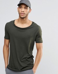 Зеленая удлиненная футболка с эластичной горловиной ASOS - Field green