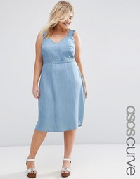 Приталенное джинсовое платье миди с оборками на рукавах ASOS CURVE