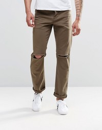 Узкие джинсы стретч цвета хаки с рваными коленками ASOS - Темный хаки
