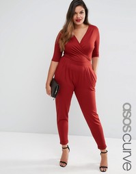 Комбинезон с запахом и рукавами 3/4 ASOS CURVE - Красно-бурый