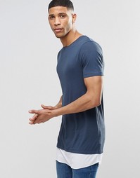 Синяя удлиненная футболка в рубчик с контрастным асимметричным краем A Asos