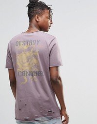 Рваная удлиненная футболка с принтом сзади ASOS - Фиолетово-серый