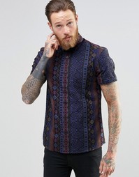 ASOS Shirt With Aztec Print In Blue With Short Sleeves In Regular Fit