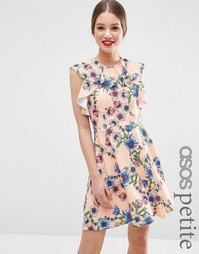 Короткое приталенное платье с оборками и цветочным принтом ASOS PETITE