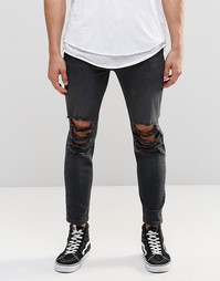 Выбеленные черные джинсы скинни укороченного кроя с прорехами ASOS