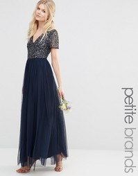 Maya Petite V Neck Maxi Tulle Dress With Tonal Delicate Sequins