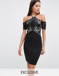 Lipsy Cold Shoulder Lace Mesh Bodycon Dress - Черный