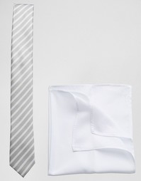 Галстук в полоску и белый платок для нагрудного кармана ASOS - Скидка