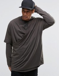 ASOS Oversized Long Sleeve T-Shirt With Double Layer Kimono - Хаки