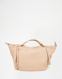 Pieces Winged Tote Bag With Zip Detail in Nude - Телесный