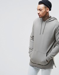 ASOS Longline Hoodie With Side Zips In Washed Khaki - Ветивер