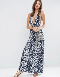 Пляжное платье макси с леопардовым принтом и завязкой на шее ASOS