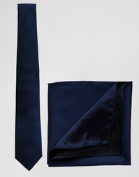 Темно-синий свадебный галстук и платок-паше из шелка ASOS