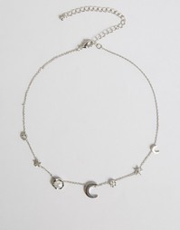 ASOS Moon and Star Choker Necklace - Серебряный