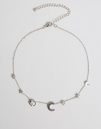 ASOS Moon and Star Choker Necklace - Серебряный