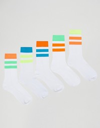 5 пар носков в спортивном стиле с неоновыми полосками ASOS - Белый