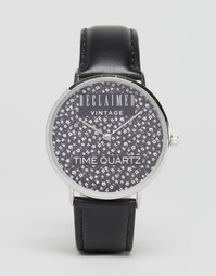 Часы с цветочным принтом и черным кожаным ремешком Reclaimed Vintage