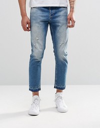 Синие укороченные джинсы слим с потертостями ASOS - Умеренный синий