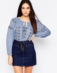 Блузка с вышивкой и завязкой на горловине Hazel - Indigo - индиго