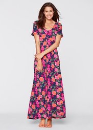 Трикотажное макси-платье с коротким рукавом (синий в цветочек) Bonprix