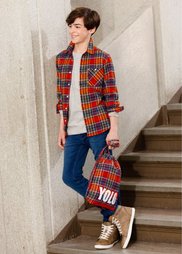 Мягкая фланелевая рубашка + мешок для спортивных вещей (2 изд.), Размеры  116/122-164/170 (оранжевый в клетку) Bonprix