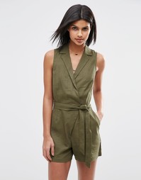 Льняной ромпер с топом‑рубашкой ASOS - Хаки