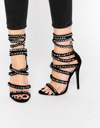 Public Desire Alexandra Black and Silver Wrap Tie Heeled Sandals