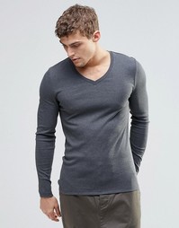 ASOS Rib Extreme Muscle Long Sleeve T-Shirt With V-Neck Charcoal