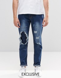 Узкие потертые джинсы цвета индиго с заплатками Liquor &amp; Poker