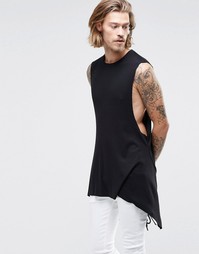 Длинная футболка в рубчик без рукавов с завязкой ASOS - Черный