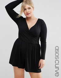 Комбинезон с длинными рукавами и запахом спереди ASOS CURVE - Черный