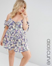 Пляжный ромпер с тропическим принтом и открытыми плечами ASOS CURVE