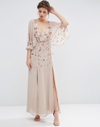 Декорированное платье-кимоно макси с глубоким вырезом ASOS - Mink