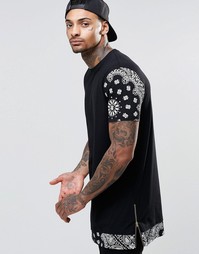 Сверхдлинная черная футболка с платочным принтом и молниями ASOS